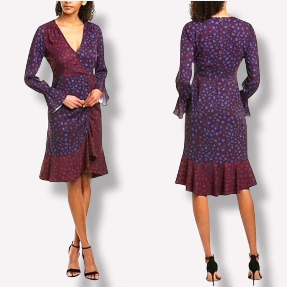 PARKER Noni Faux Wrap Ruffled Midi Dress in Cobalt Leopard- Size 0